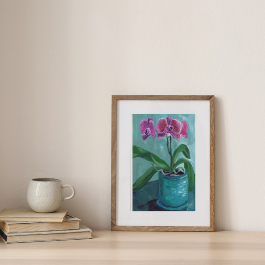 Everlasting Pink Orchid in Blue Pot (A3 giclée fine art print)