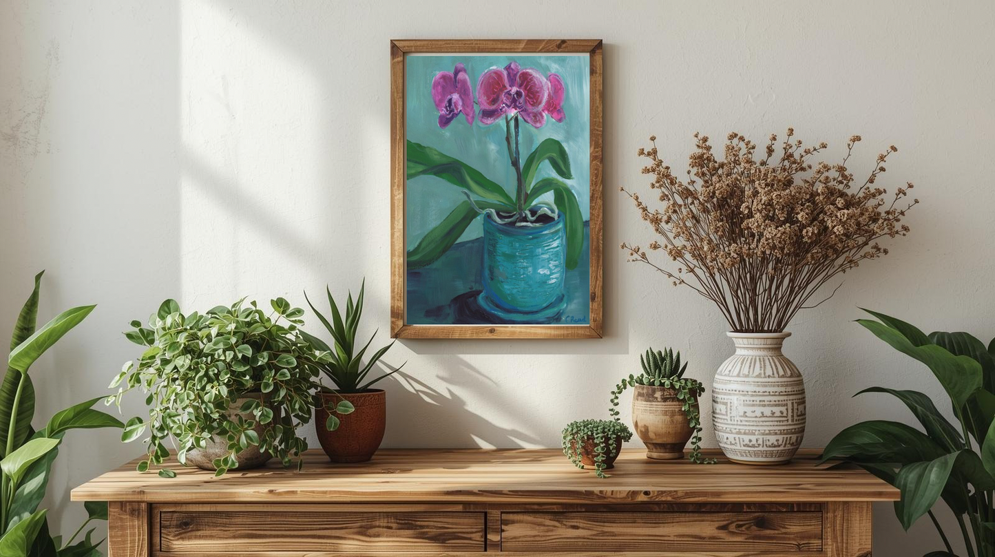 Everlasting Pink Orchid in Blue Pot (A3 giclée fine art print)